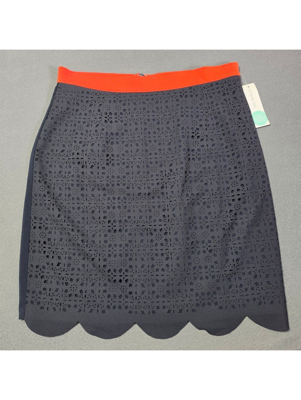 Pixley Scallop Hem Cut Out Detail Skirt Large Navy Pencil Feminine Professional